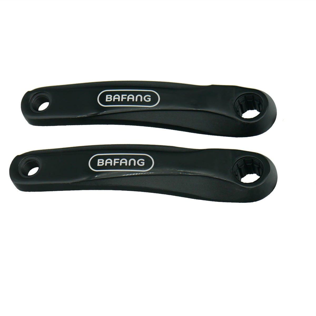 A set of black Bafang Ultra ISIS crank arms for eBikes, displayed with two crank arms