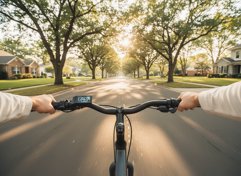 Rider's perspective looking down handlebars on a tree-lined street
