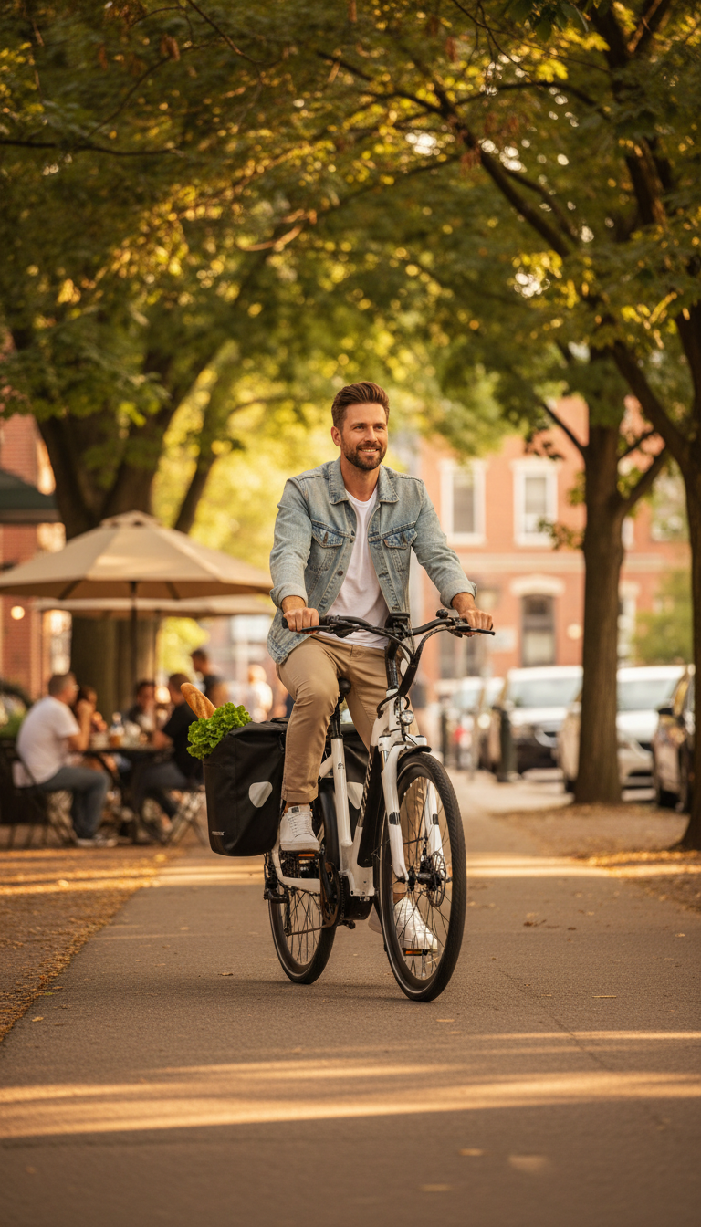 Rider on Swift X 2 eBike with grocery panniers on a weekend morning
