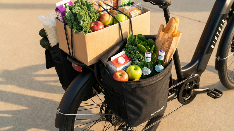 Swift X 2 rear rack loaded with grocery panniers