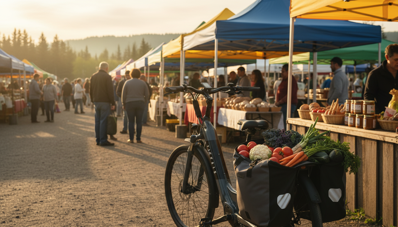 Farmer's market scene from bike rider's perspective